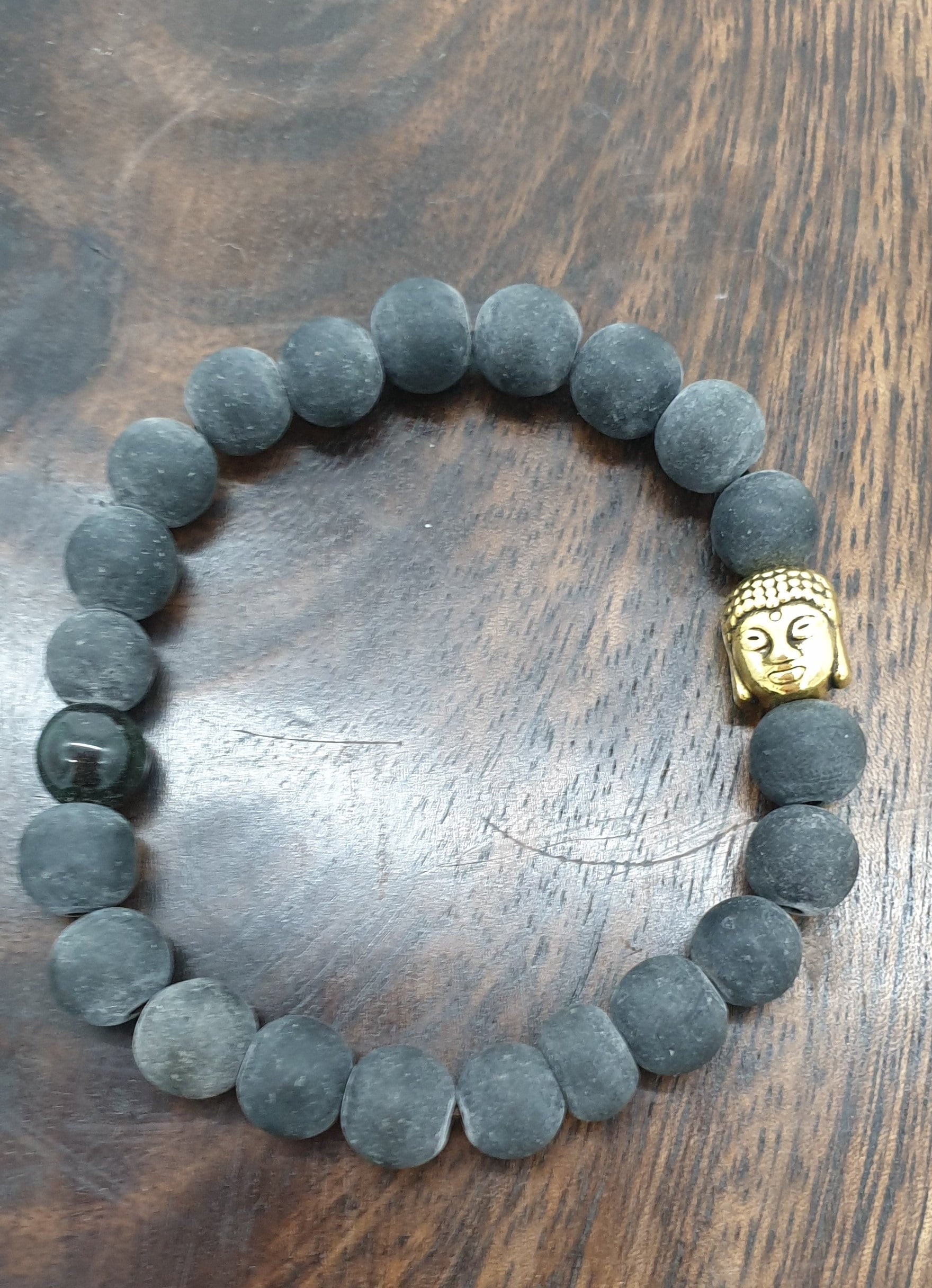 Black Slate Stone Bracelet With Gold Buddha Head - Stretch Elastic