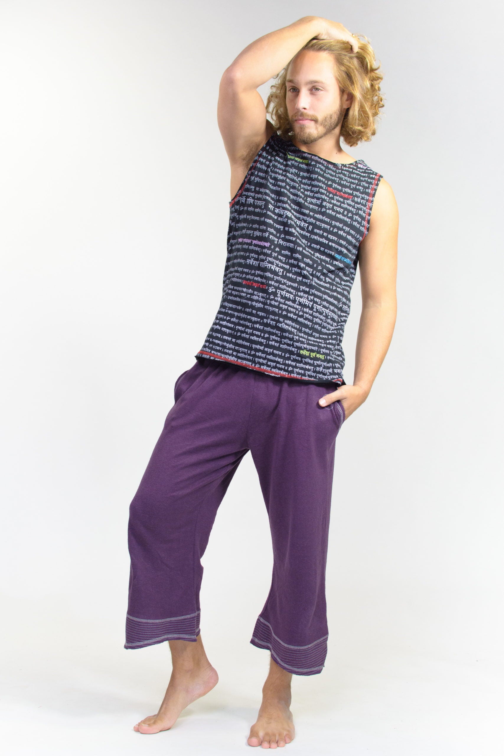 Men s Organic Hemp Yoga Pants 3 4 Length Plum Purple Yogamasti