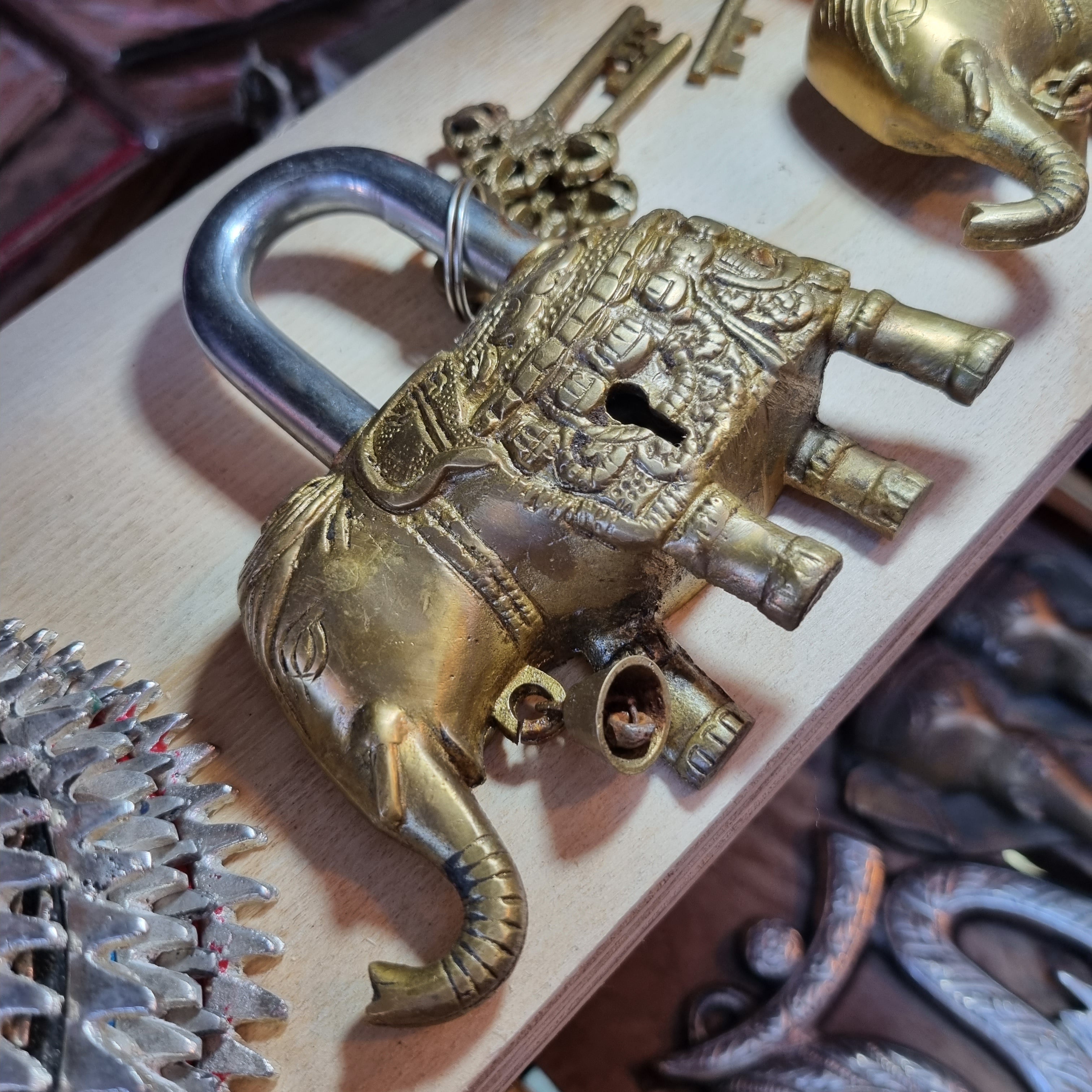 Elephant Carved Brass Lock with Keys – Large