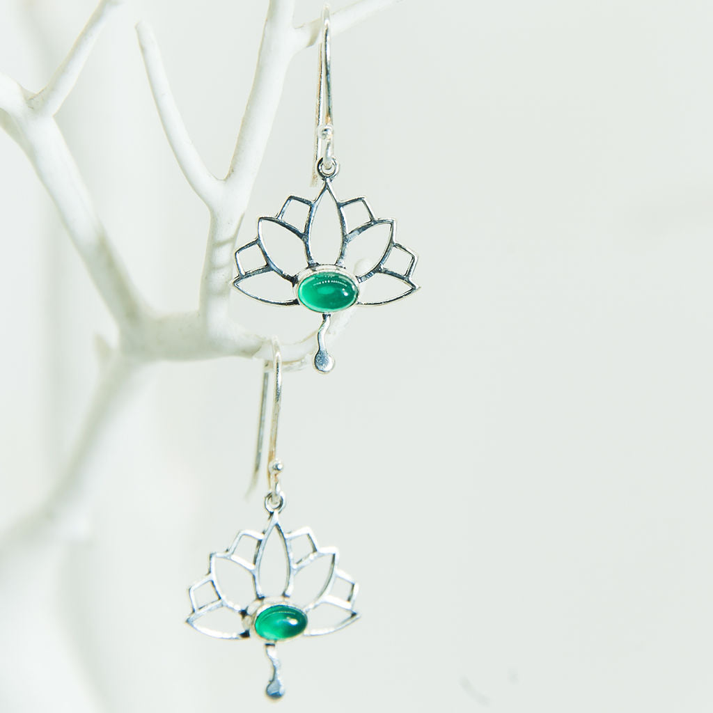 Lotus Earrings with Green Stone