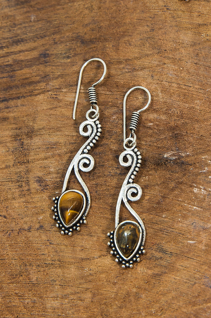 Tiger Eye Stone Earrings - Silver Polish