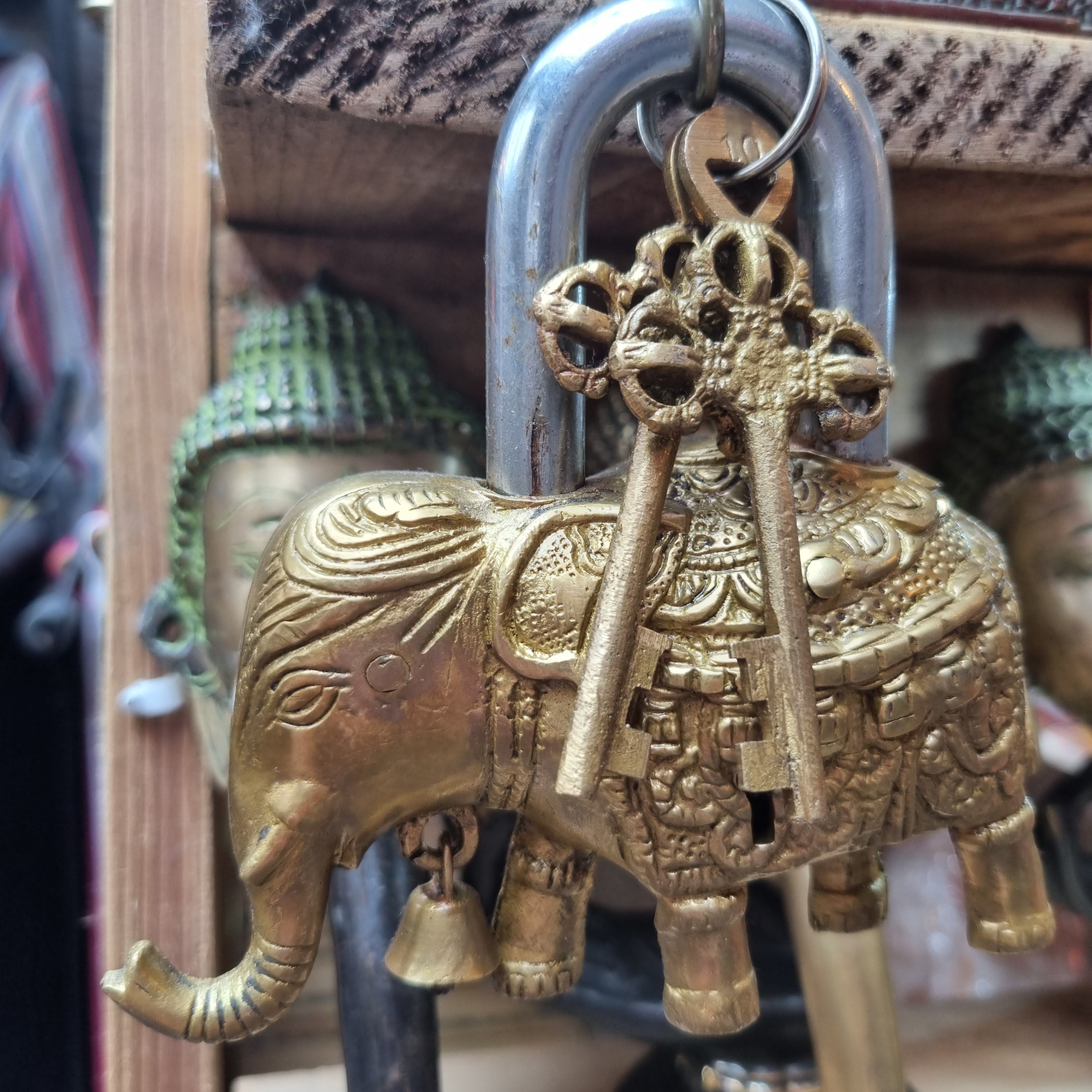 Elephant Carved Brass Lock with Keys – Large