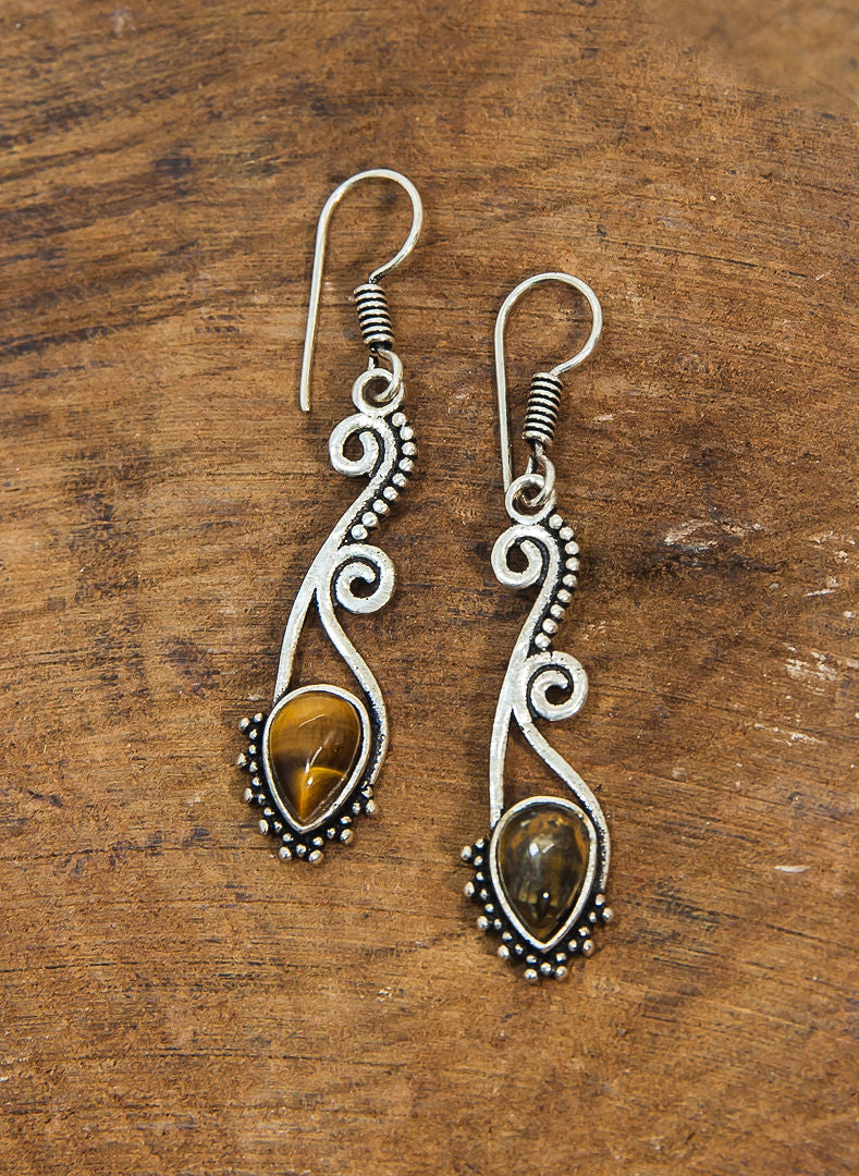 Tiger Eye Stone Earrings - Silver Polish
