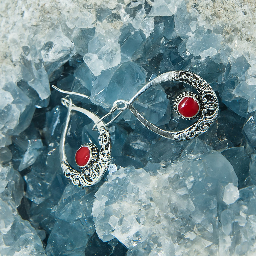 92.5% Bali Silver with Red Stone Earrings
