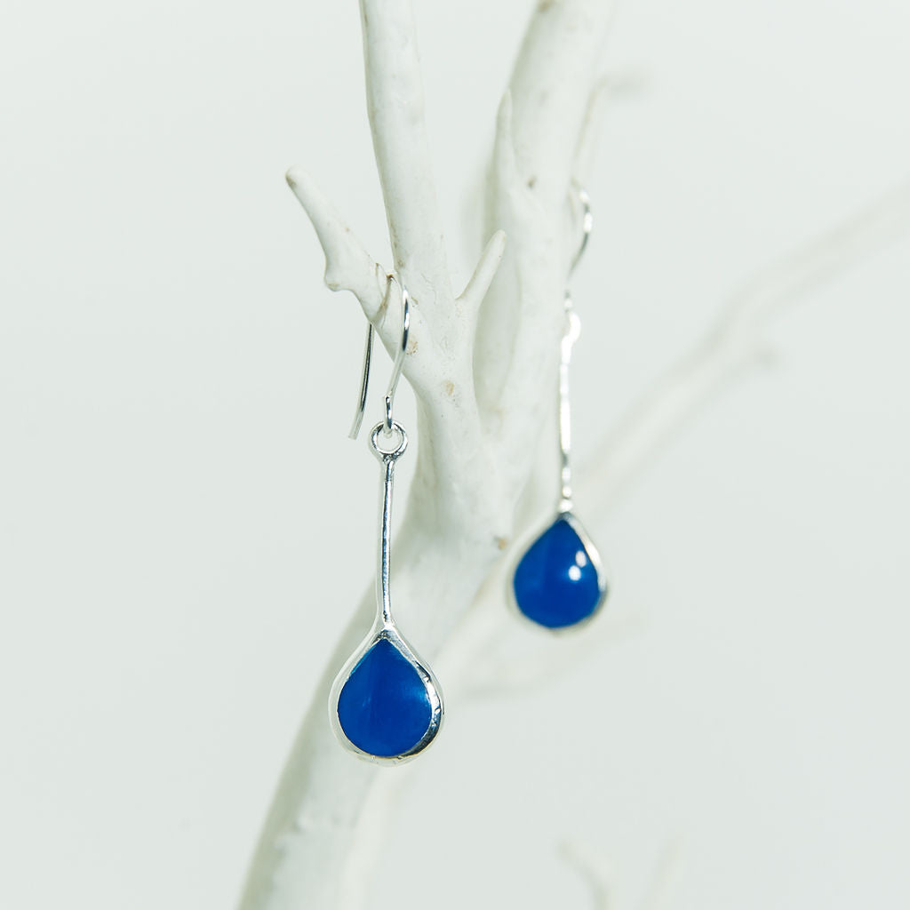 Bali Silver Tear Drop Blue Stone Earrings