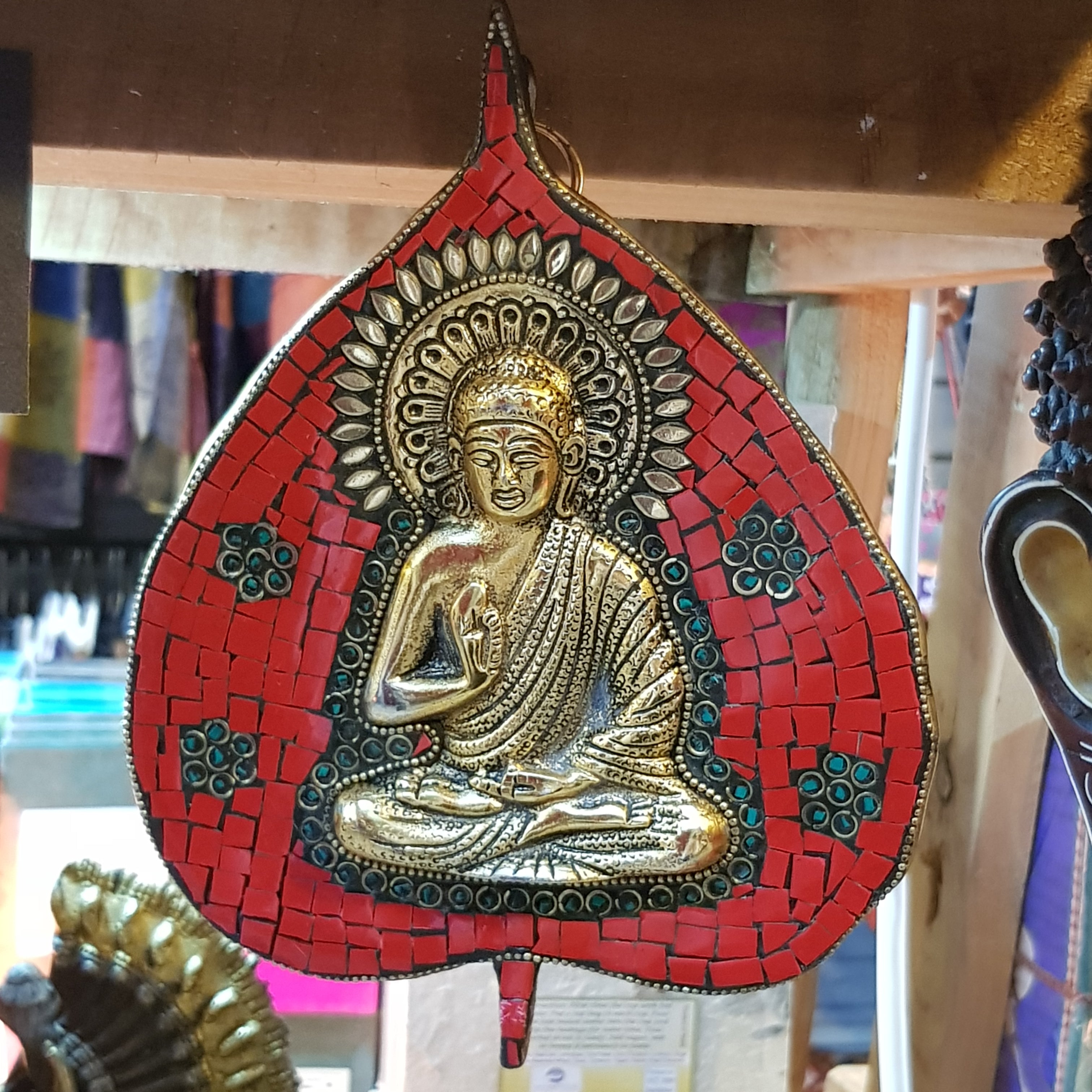 Buddha Palm Leaf Hanging with Mosaic Resin Detail (Metal)