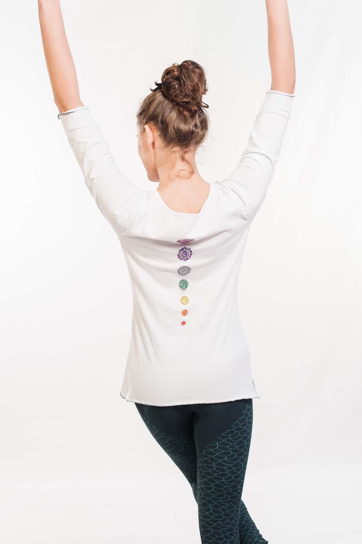 Organic Embroidered Chakra Yoga Top - White, Long Sleeved