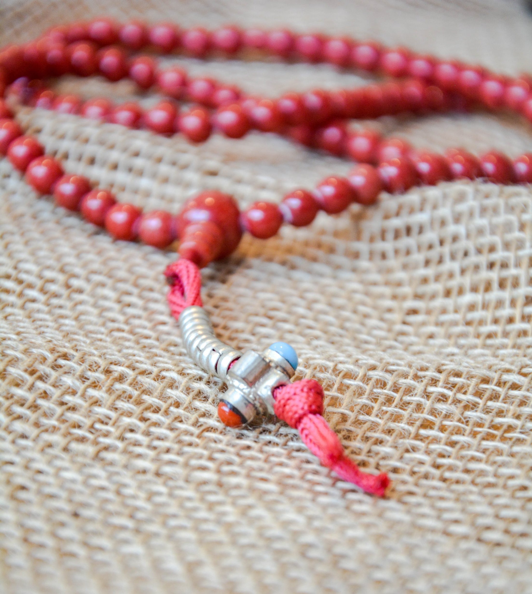 Red Coral Mala Beads - With Dorje Counter