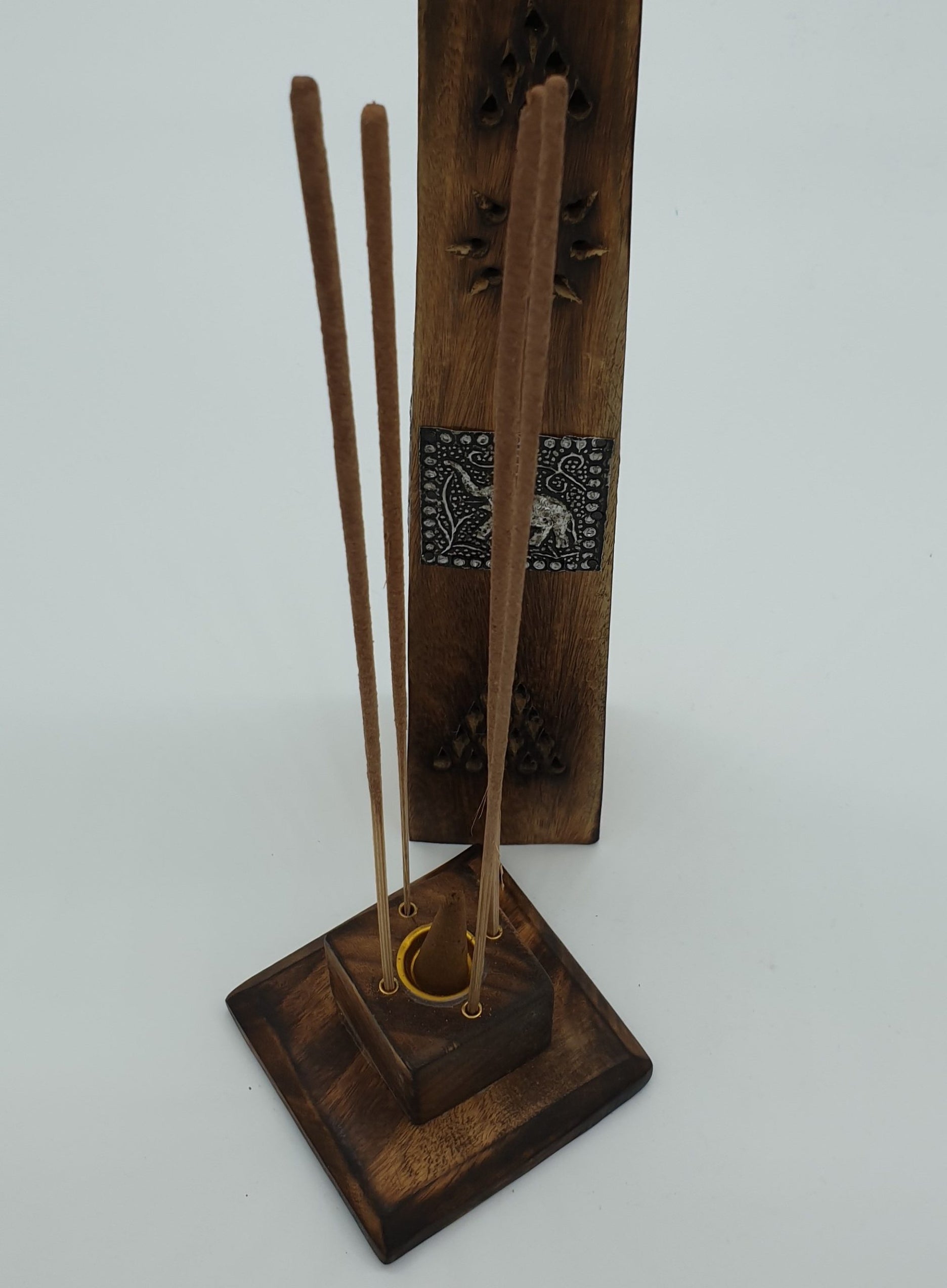 Tower Box Incense Holder With Elephant Inlay - Mango Wood