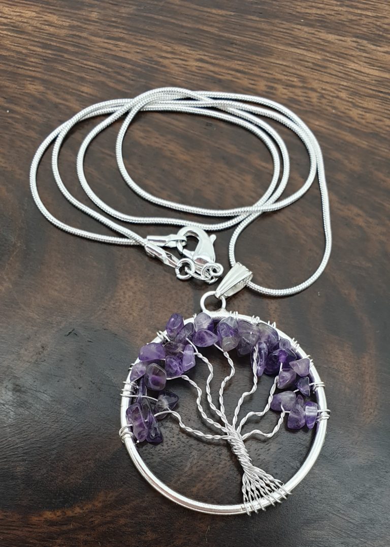 Amethyst tree of life necklace. Wire wrapped spiritual jewellery with gemstone chips.