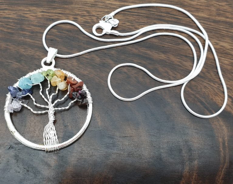 Rainbow tree of life necklace. Wire wrapped spiritual jewellery with gemstone chips.