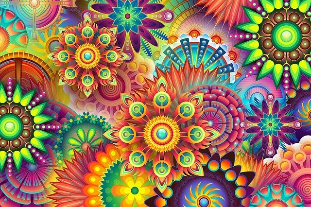 A collection of mandala patterns in bright colours to show what are mandalas