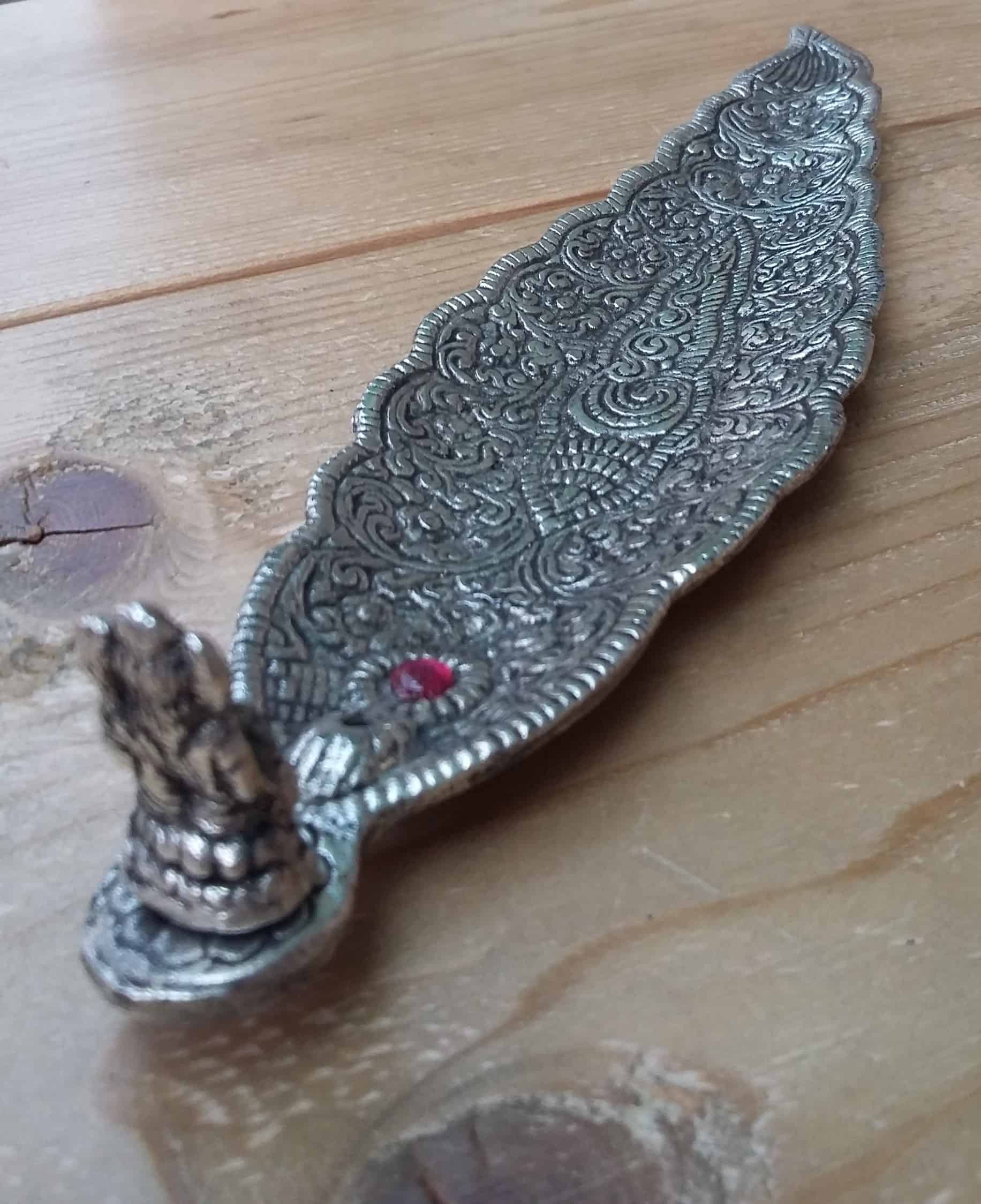 Ornate Metal Incense Holder - Long Leaf Design With Ganesha
