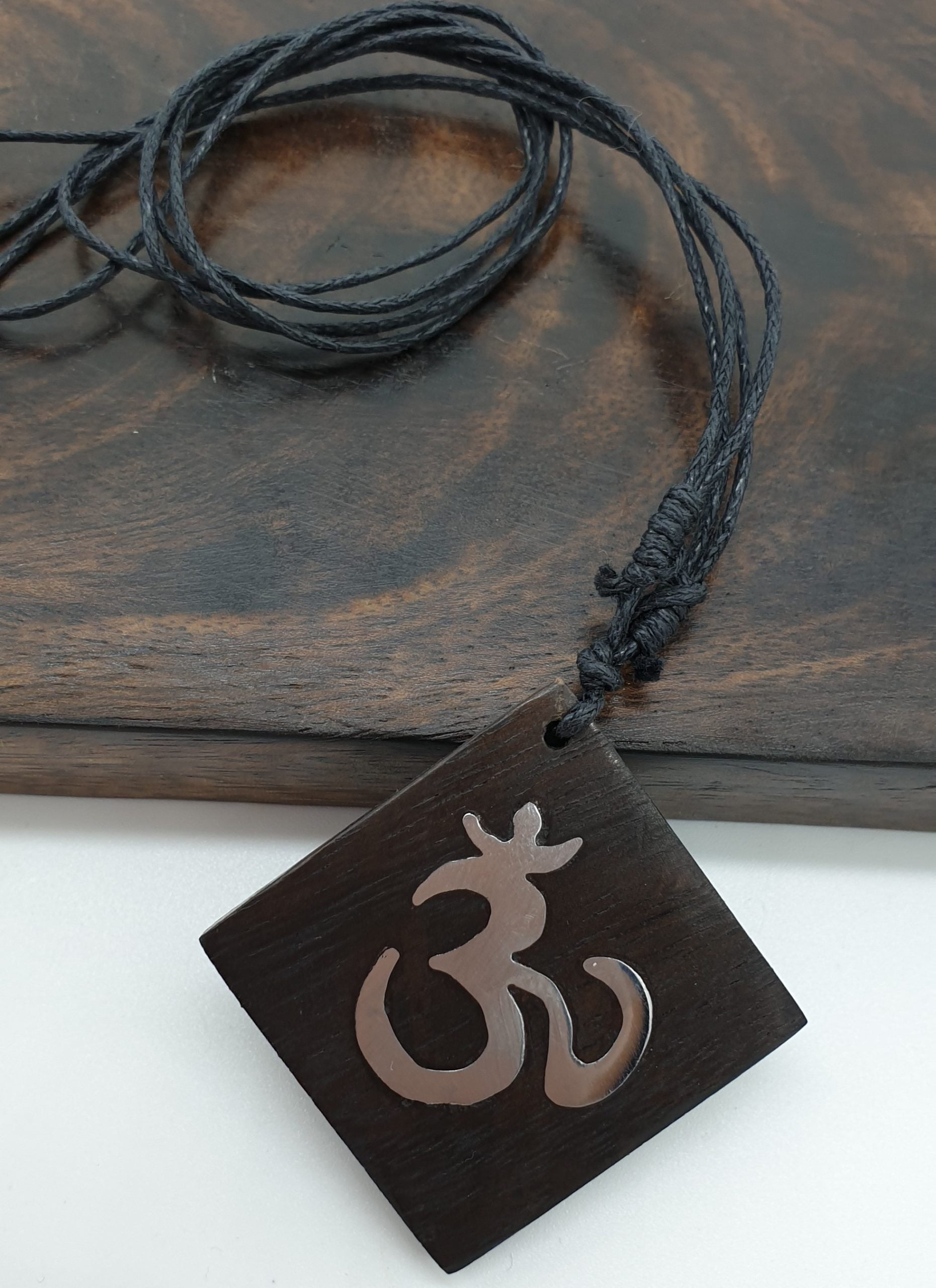 Wooden Om Necklace With Silver Inlay - Adjustable Length