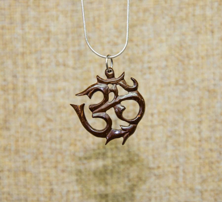 Carved Wooden Om Necklace - Coconut Wood, 48cm Chain