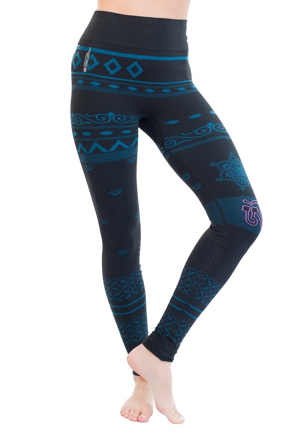 yogamasti balance organic yoga leggings in black with blue geometric patterns and spiritual symbols. Full length with a high waist