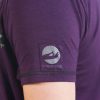 burgundy mens yoga t-shirt close up of patchwork yogamasti logo on shoulder