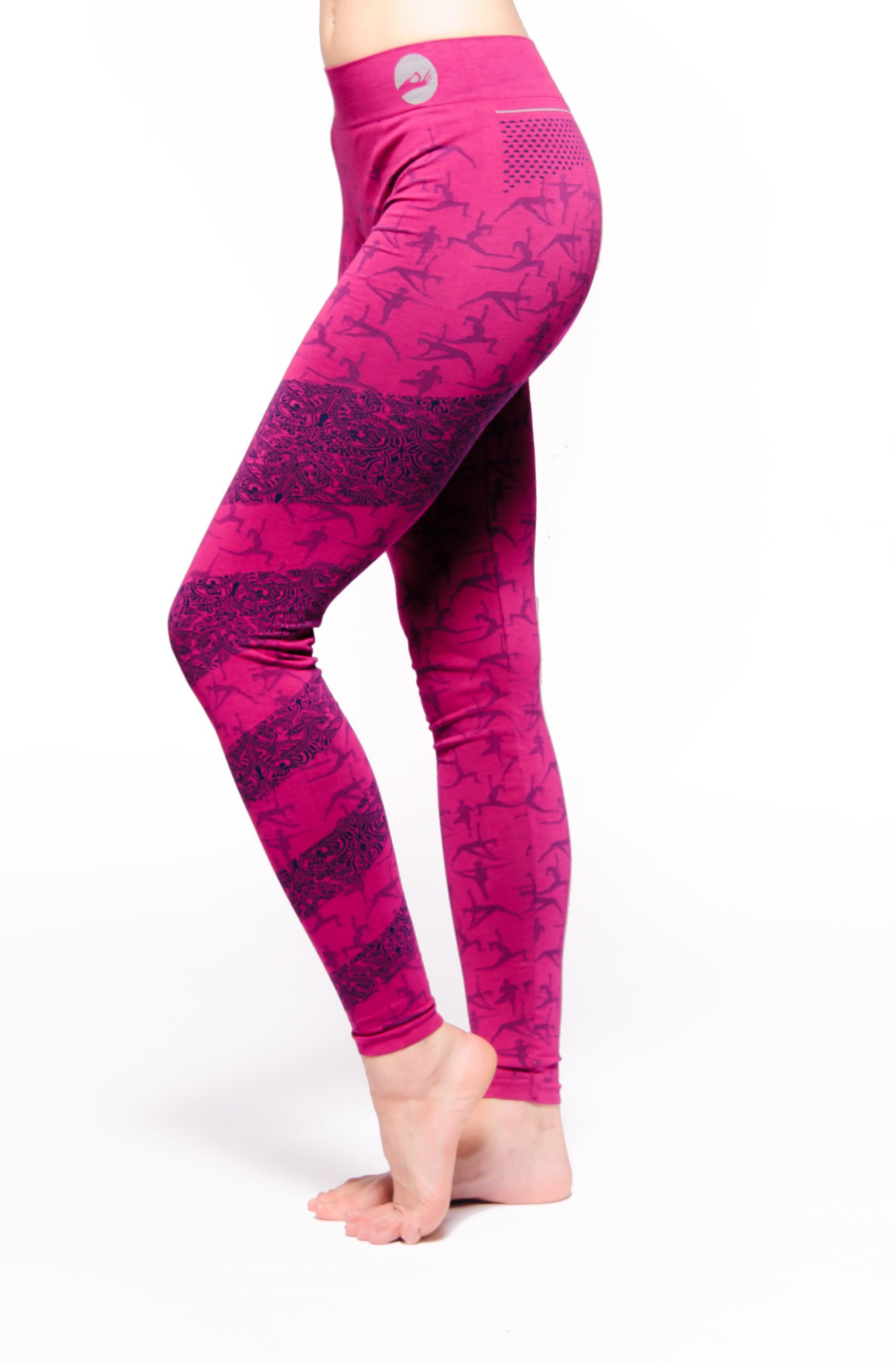 Ashtanga Organic Full Length Yoga Leggings side view showing a tribal pattern spiral down the leg on the pink fabric