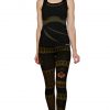 Bhakti high waist yoga leggings made from organic cotton blend. Shown with the matching top. A model wearing the leggings showing the front view of the indian style motifs and orange om on the thigh