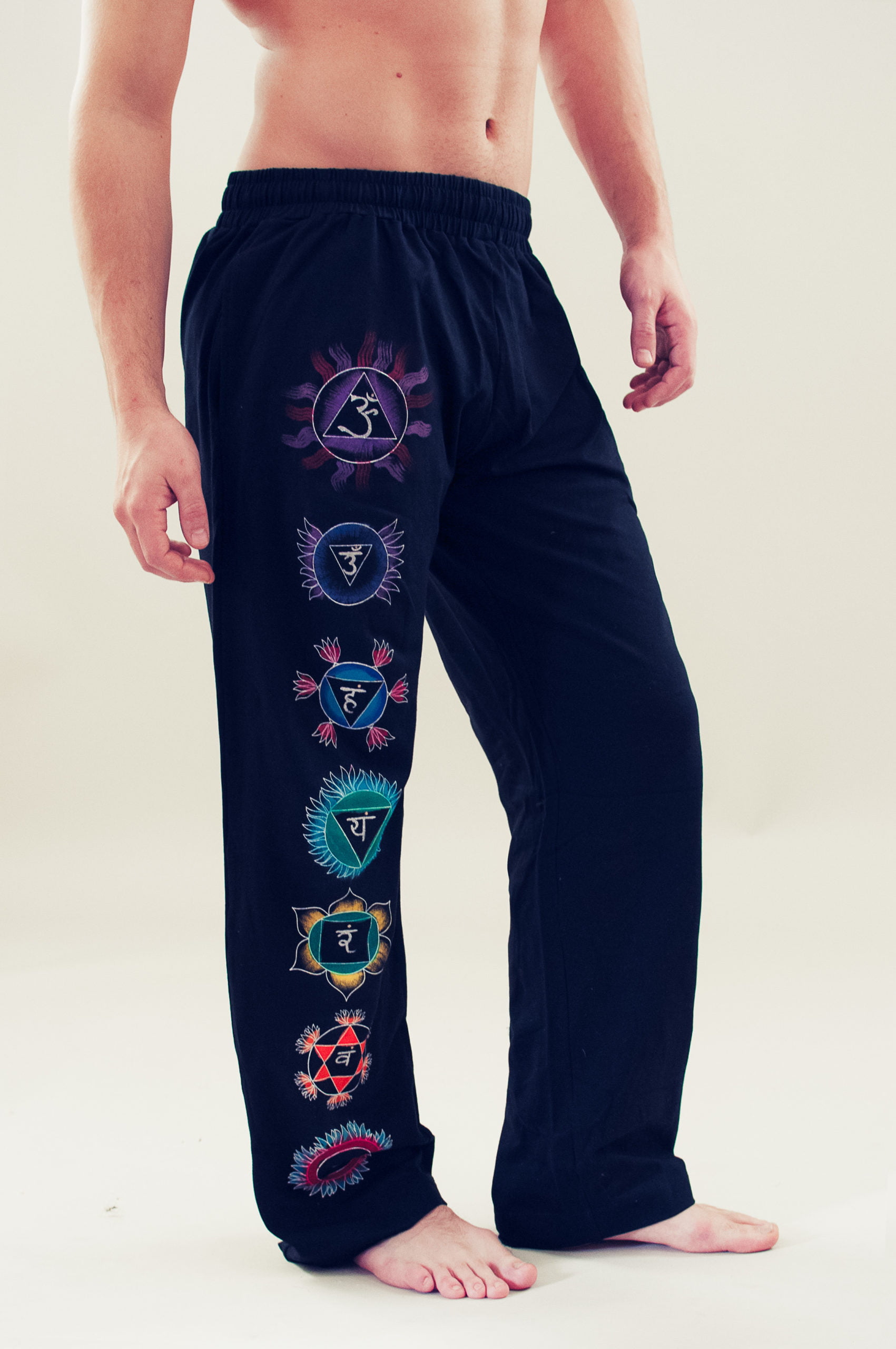 Mens Chakra Yoga Pants - Black, Loose Fit, Full Length
