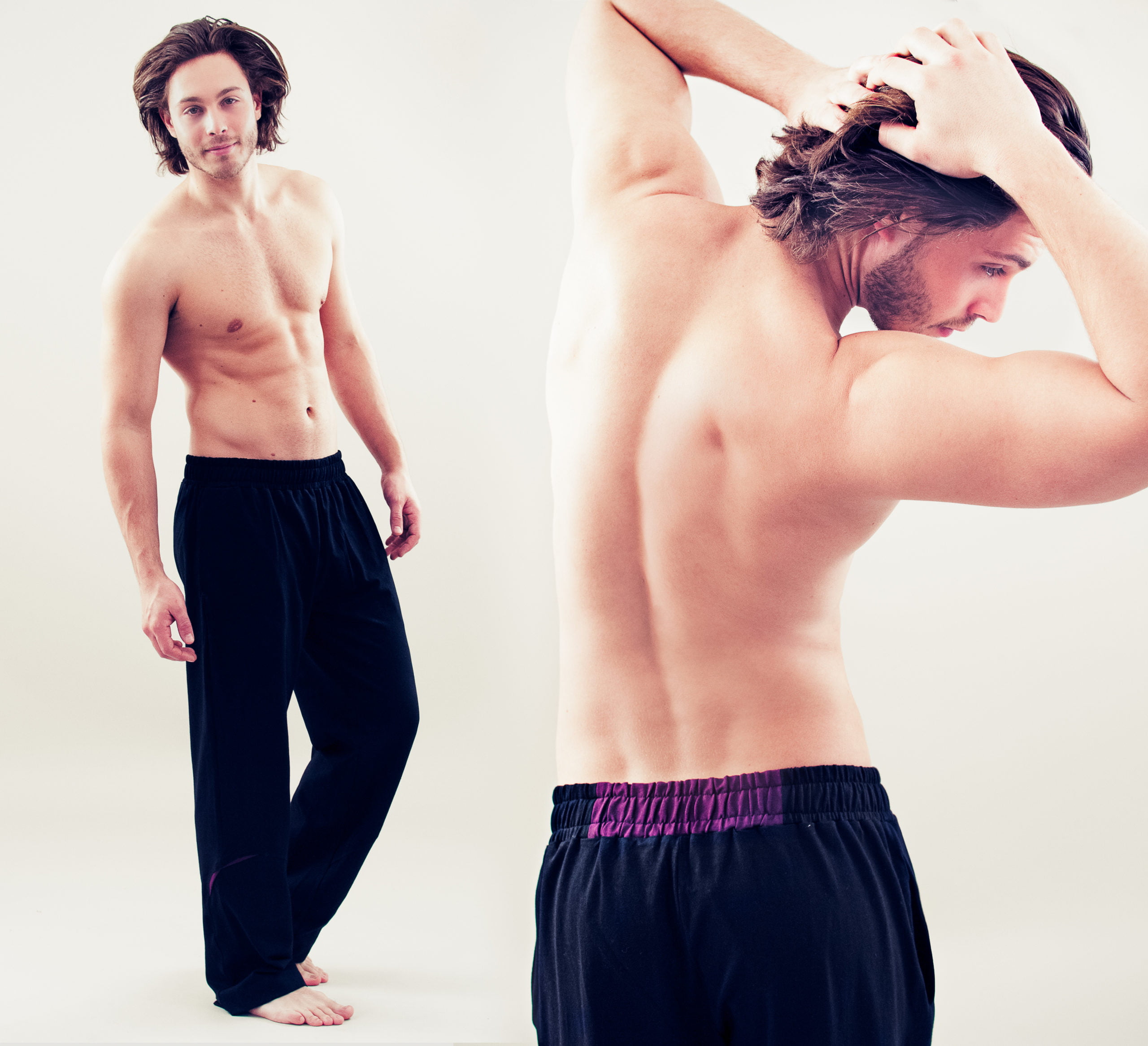 a shirtless male model showing the black yoga pants for men from the front and a close up of the burgundy back of the wide waistband