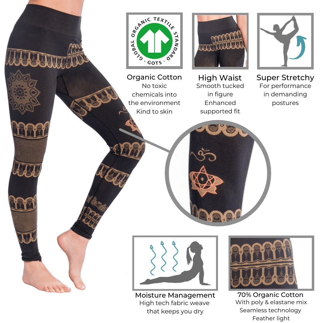 bhakti high waist yoga leggings info graphic showing close ups of the spiritual detail and soft organic fabric