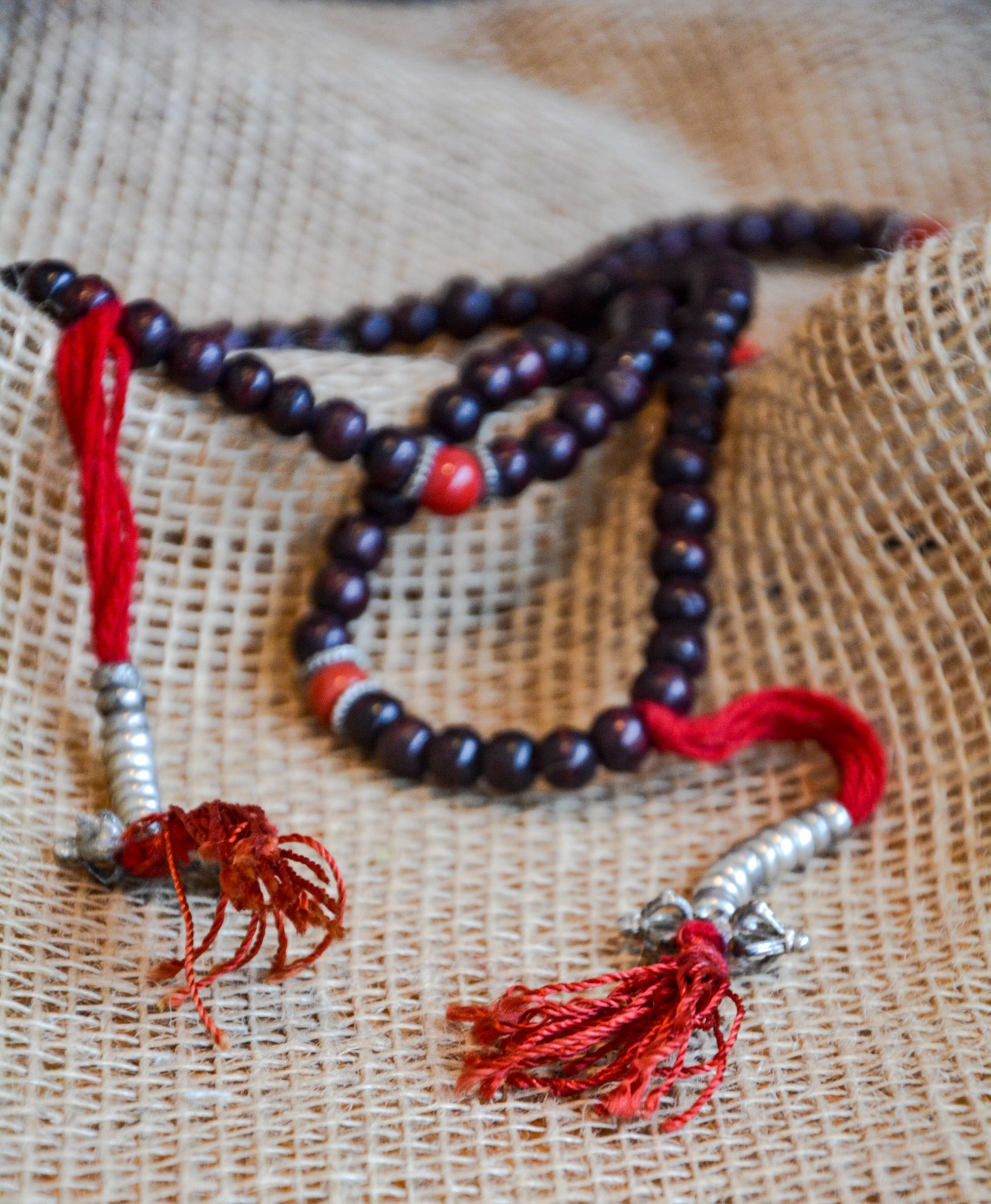 Rosewood Mala Prayer Beads - With Dorje Counter And Coral