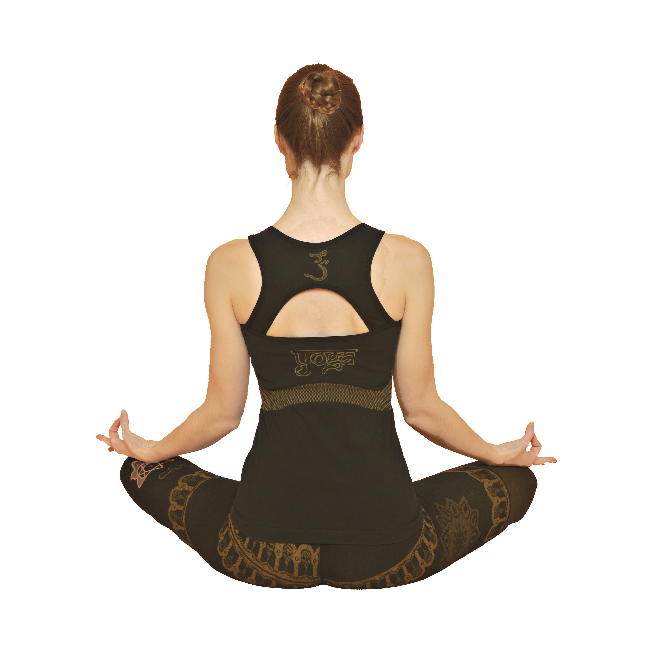 bhakti black yoga outfit shown from the back to show racer back of the vest with cutout detail