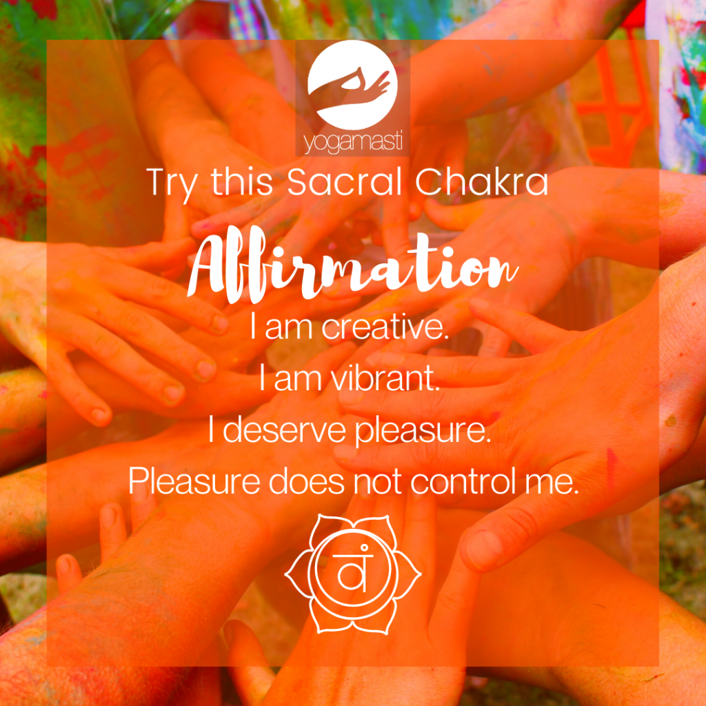 part two of the affirmations for all chakras, a sacral chakra affirmation on an orange tinted background of many hands covered in paint touching each other
