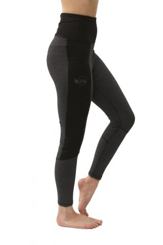 black prana leggings, organic yoga leggings with dark grey front panels and high waist with hidden phone pocket on the thigh