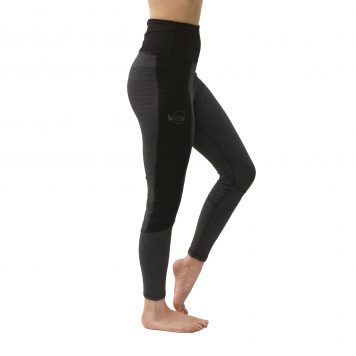 black prana leggings, organic yoga leggings with dark grey front panels and high waist with hidden phone pocket on the thigh